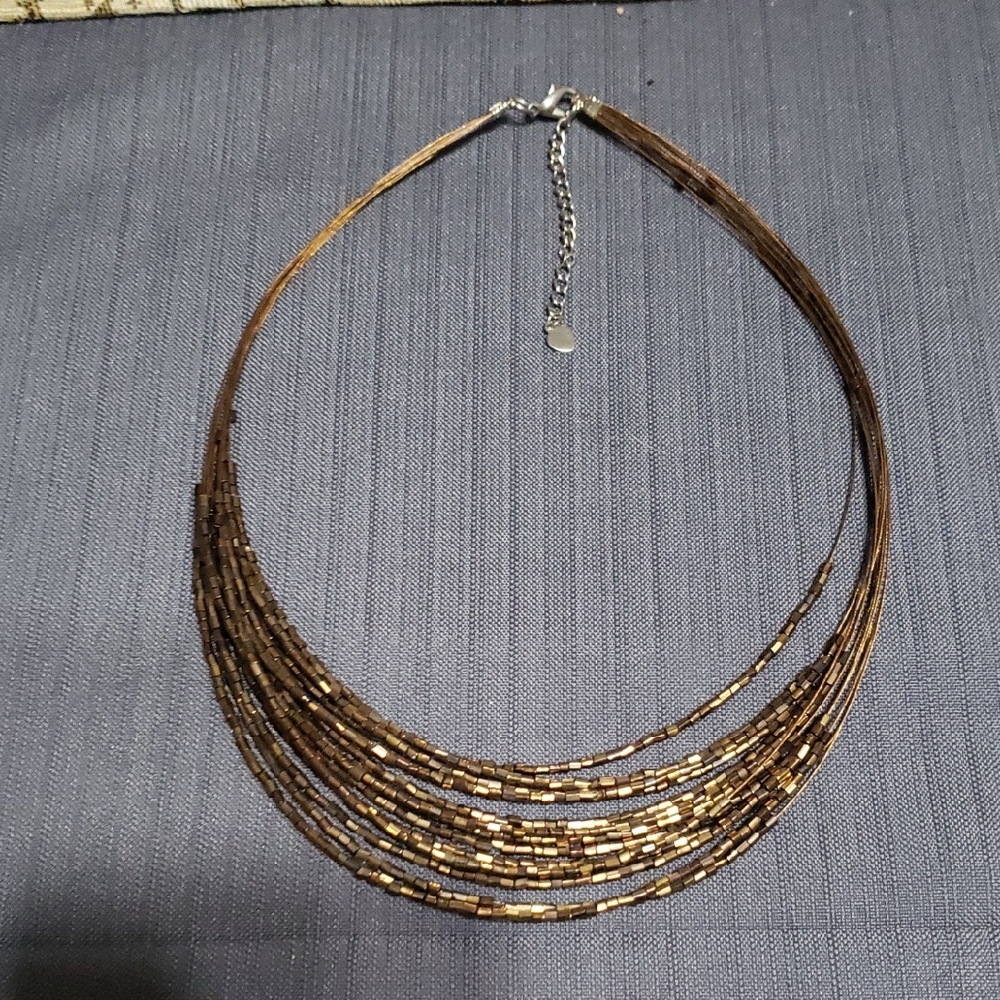 VINTAGE 12 strand beaded NECKLACE metallic, circa 1980-1990- bronze tones.
